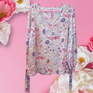 Rose + Olive Pink Floral V-Neck Lounge Sleeve Lightweight Pullover Blouse Top